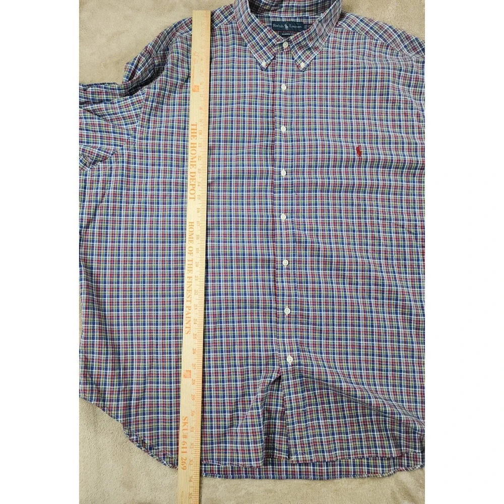 Vintage Polo Ralph Lauren Shirt Men 4XB Blue Plaid Long Sleeve Button Down Pleat